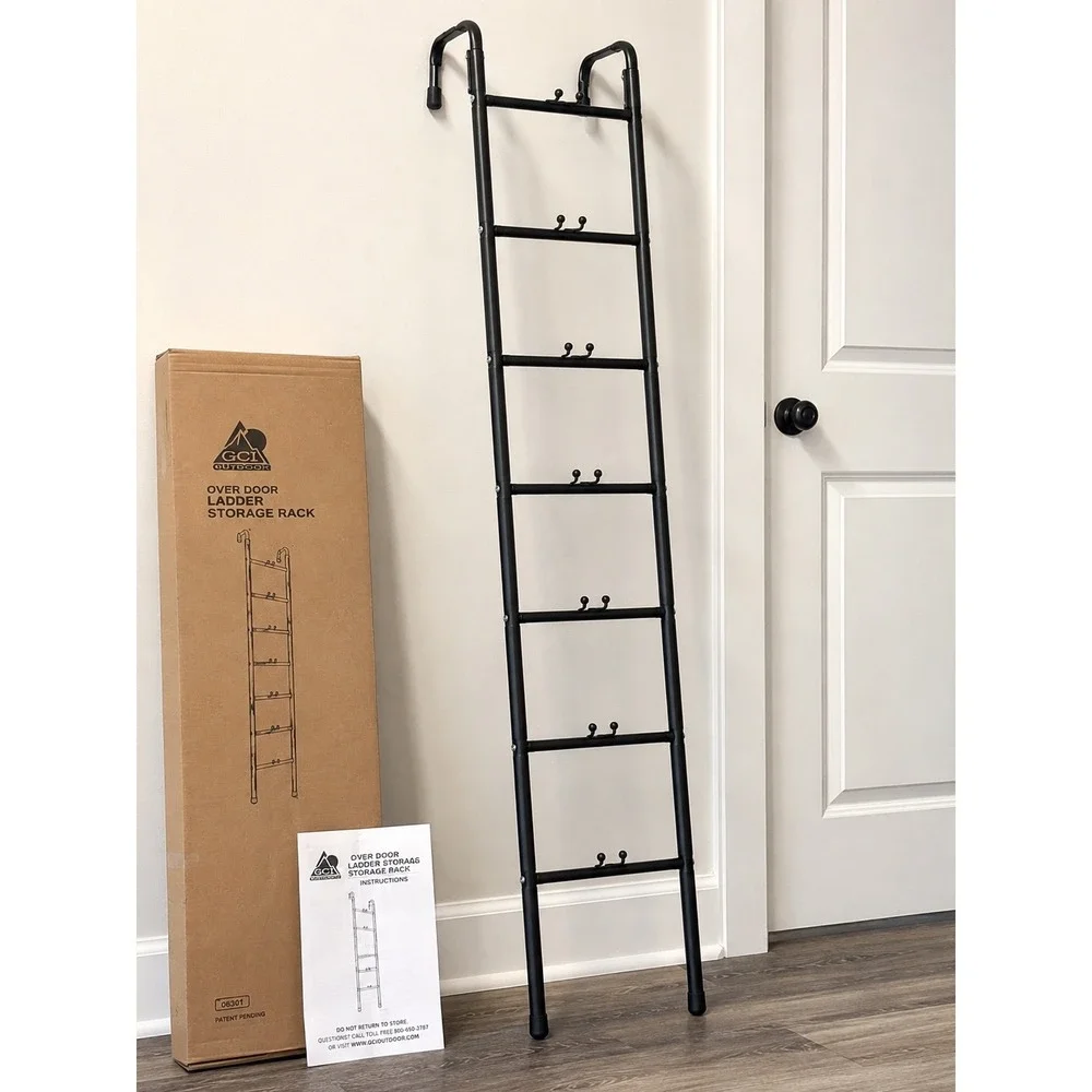 Modern 5-Tier Wall Mounted Metal Blanket Ladder Rack with 10 S-Hooks Black P2